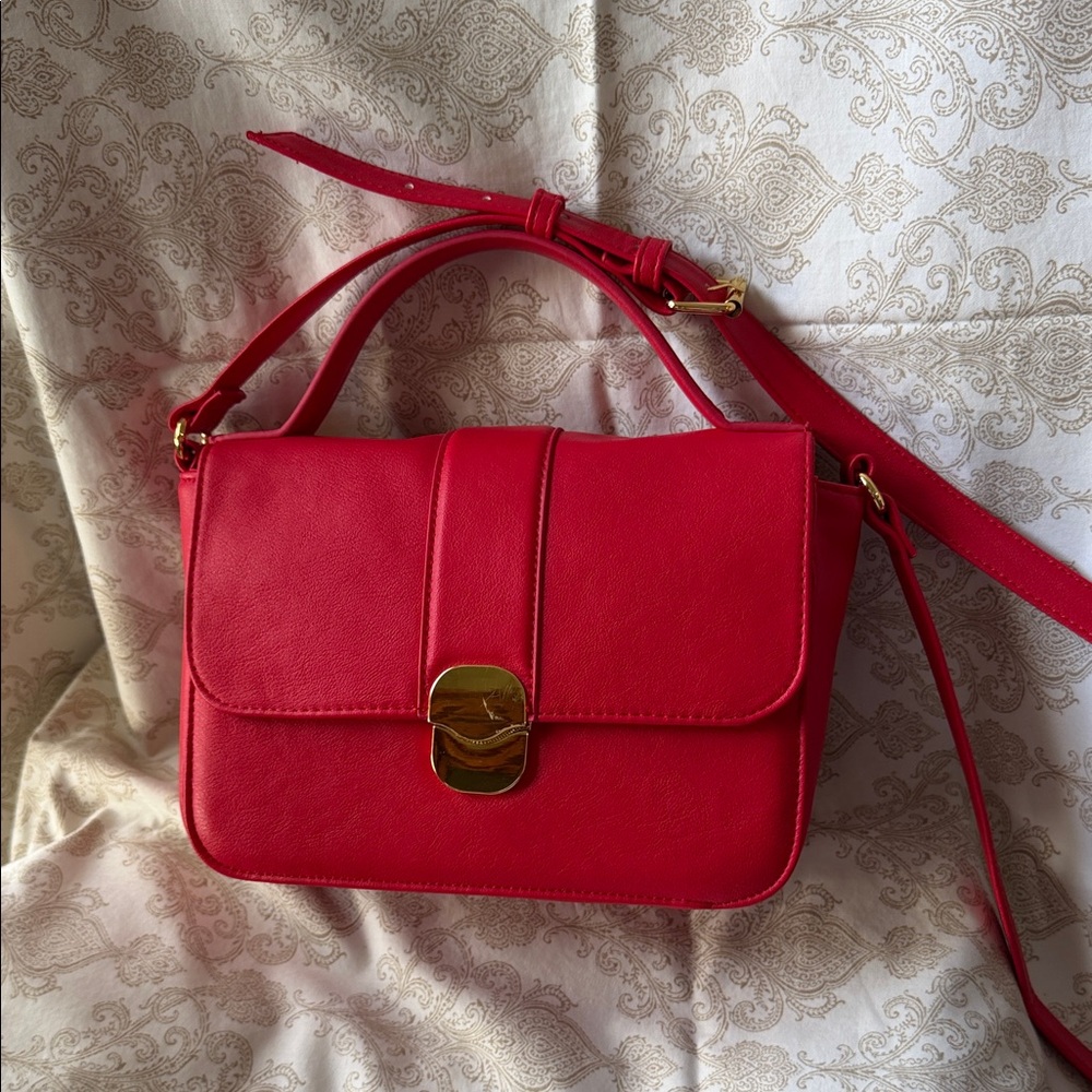 Classic Red Leather Shoulder Bag with Gold Hardware